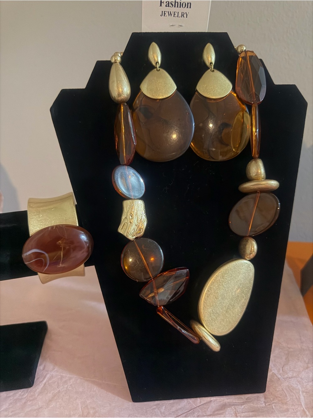 Brown and Gold Statement Necklace, Bracelet & Earring Set - Fashion Jewelry